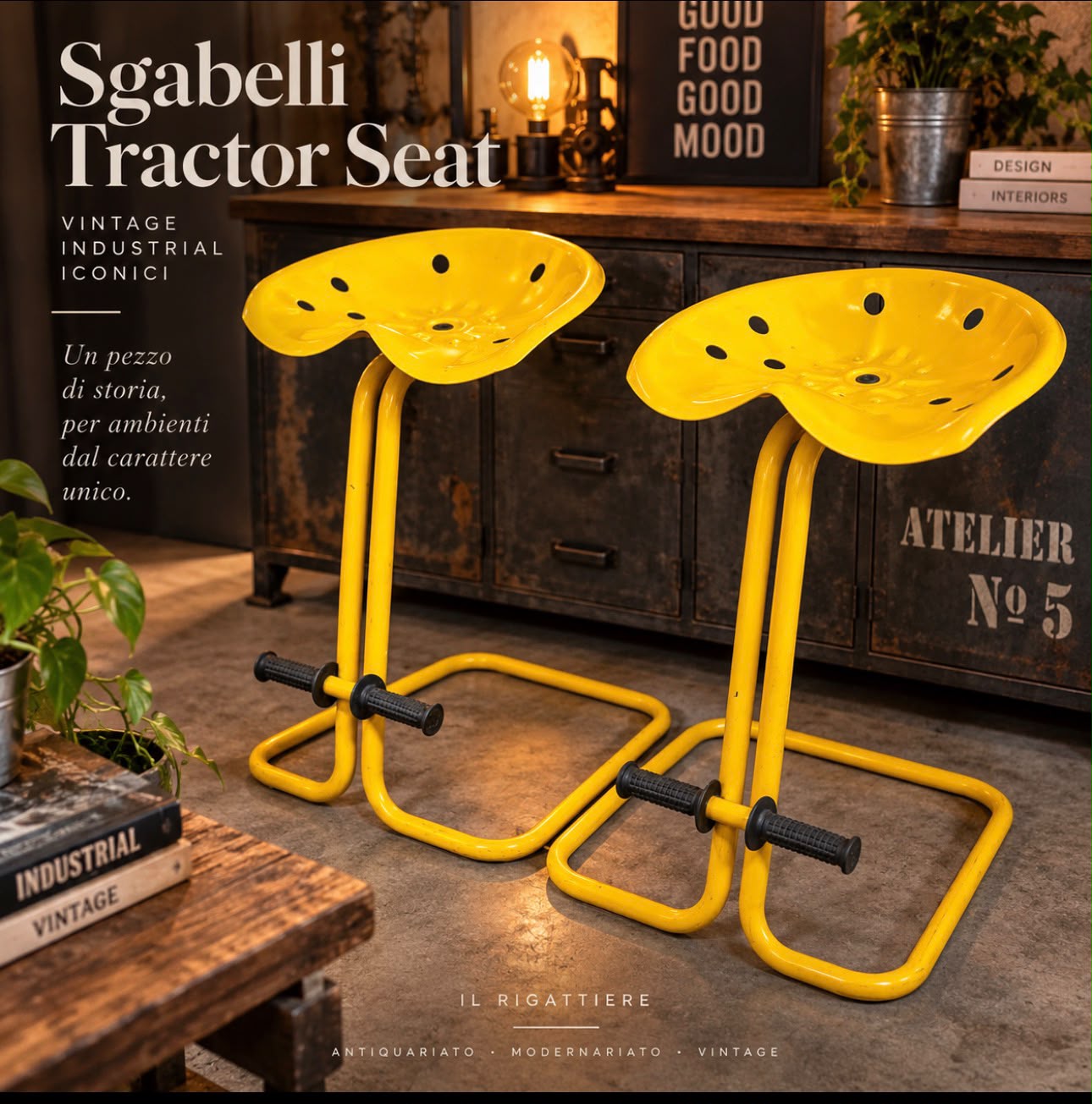 Coppia di sgabelli industriali vintage “Tractor Seat” gialli